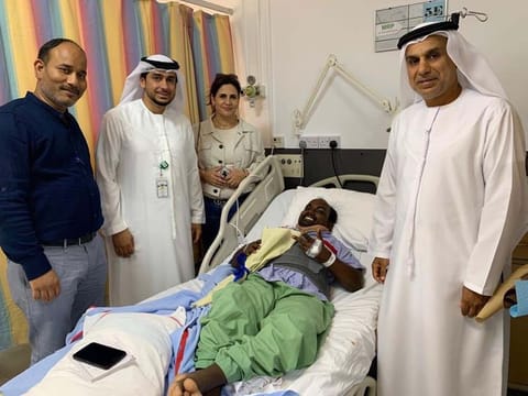 Dubai Police officials visit the traffic accident victims at Rashid Hospital