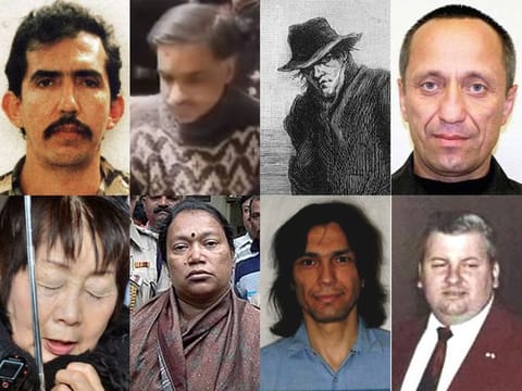 The most infamous serial killers the world has ever known. Clockwise from top left: Luis Garavito, Javed Iqbal Umair, Jack the Ripper, Mikhail Popkov, John Wayne Gacy, Richard Ramirez, K.D. Kempamma and Chisako Kakehi.