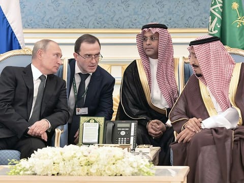 Russian President Vladimir Putin and Saudi Arabia's King Salman attend a meeting in Riyadh, Saudi Arabia, October 14, 2019.