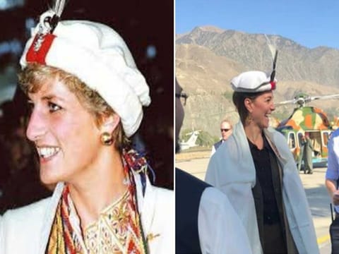Catherine, Duchess of Cambridge is seen wearing Chitrali hat and shawl which was also worn by Princess Diana on her visit to Chitral in 1991.