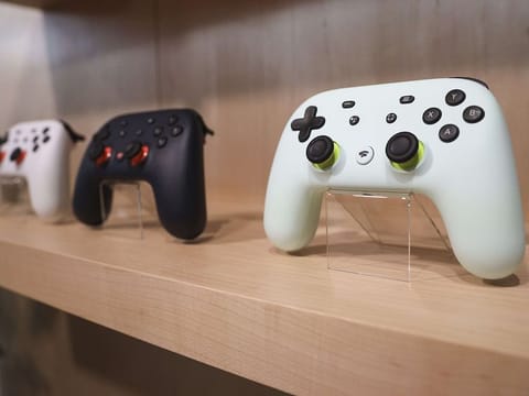 The new Google Stadia gaming system controller is displayed during a Google launch event on October 15, 2019 in New York City. Google's Stadia game streaming service will launch on November 19th.