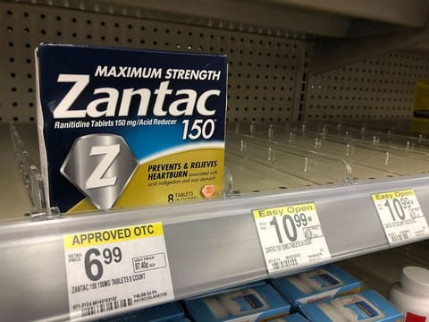 A box of Maximum Strength Zantac tablets at a pharmacy in Miami Beach, Florida.