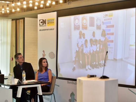 Mike Fairburn, General Manager, Sony Music Entertainment Middle East, (left) and Darine El-Khatib, Senior Director Creative Strategy and Brand Development at Turner MENA and Turkey, at the Cartoon Network Buddy Network anti-bullying initiative press conference on 22nd October 2019. Photo Clint Egbert/Gulf News