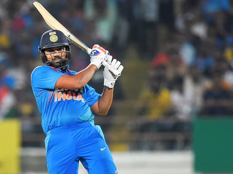 Rohit Sharma launches into one of his audacious pull shots.