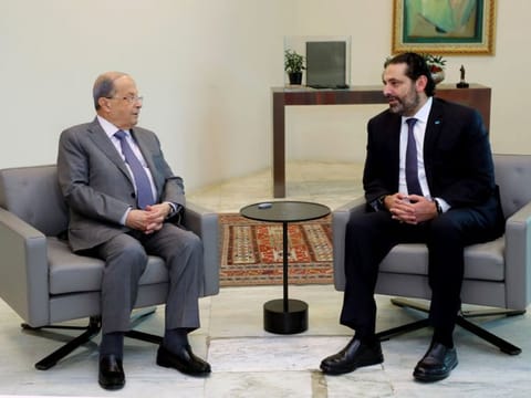 President Michel Aoun (left) meeting caretaker prime minister Sa'ad Hariri at Baabda presidential palace, east of the capital Beirut, on November 7, 2019.