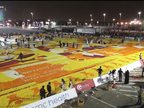 It took several hours for thousands of UAE residents to lay out the giant flower carpet celebrating the UAE’s tolerance at the outdoor parking area of Dubai Festival City on Friday.