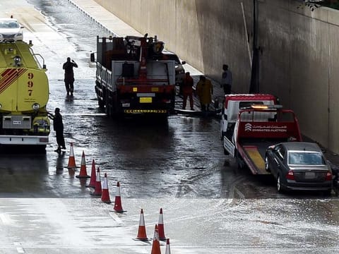 Recovery vehicle seen helping a car after heavy rain on Saturday 11 January 2020. Photo: Virendra Saklani/Gulf News