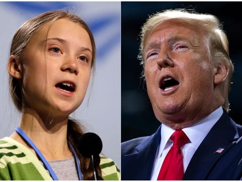 This combination photo shows Swedish climate activist Greta Thunberg speaking at the COP25 summit in Madrid, Spain on Dec. 11, 2019, left, and President Donald Trump speaking at a campaign rally in Battle Creek, Mich. on Dec. 18, 2019. When climate activist Greta Thunberg, also 16, was named Time magazine's 2019 person of the year, President Donald Trump took to Twitter to call her choice “ridiculous."