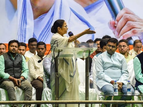 West Bengal Chief Minister Mamata Banerjee addresses a workshop for students in Kolkata on Monday.