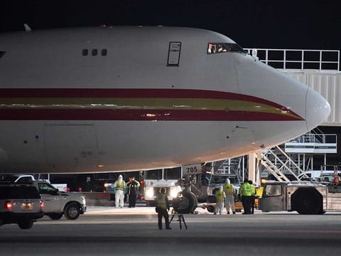 A Boeing 747-4B5(F), on a charter flight from Wuhan, China, arrives at Ted Stevens Anchorage International Airport.