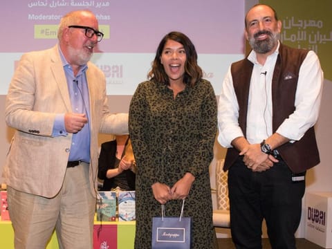 Left to Right, Luigi Bonomi, 1st Prize Stacey Siebritz for The Leap and Charles Nahhas, for the Montegrappa Award during the Festival Of Litterature at the Intercontinental Festival City, Dubai.