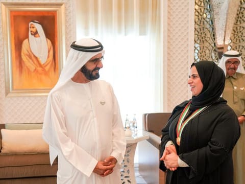 His Highness Shaikh Mohammed Bin Rashid Al Maktoum honouring 'Mama Shaikha' with the PM's Medal
