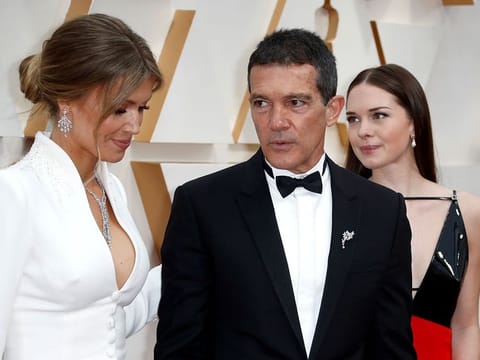 Antonio Banderas, Nicole Kimpel and Stella Banderas pose on the red carpet during the Oscars arrivals at the 92nd Academy Awards in Hollywood, Los Angeles, California, U.S., February 9, 2020.