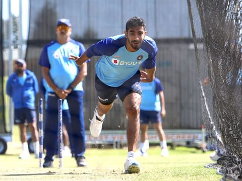 Indian pacer Jasprit Bumrah bowling at the nets.