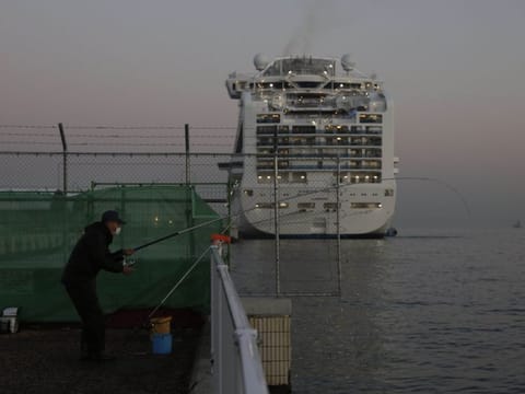 A man fishes behind the quarantined Diamond Princess cruise ship Thursday in Yokohama.