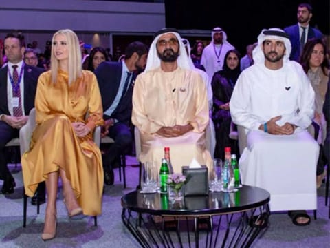 Sheikh Mohammed bin Rashid, Vice President and Ruler of Dubai, Sheikh Hamdan bin Mohammed, Crown Prince of Dubai, and Ivanka Trump attend the Global Women's forum in Dubai.