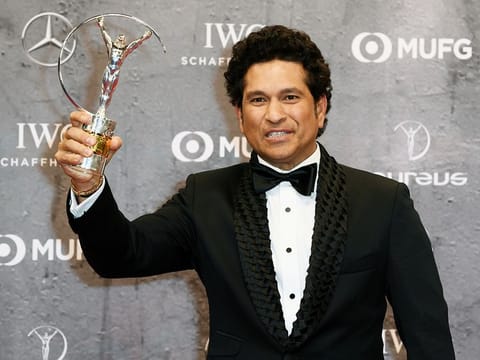 Sachin Tendulkar poses after winning the Laureus Best Sporting Moment award for "Carried on the shoulders of a nation" during the Laureus World Sports Awards 2020 in Berlin, Germany February 17, 2020.