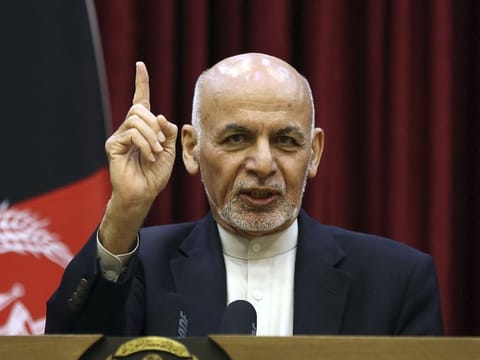 Afghan President Ashraf Gani speaks during a news conference in the presidential palace in Kabul, Afghanistan, on Sunday. Gani said he won’t be releasing the 5,000 prisoners the Taliban say must be freed before intra-Afghan negotiations can begin.
