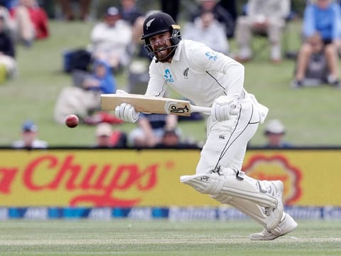 New Zealand's Tom Blundell reacts as he bats during play on day three of the second cricket test between New Zealand and India at Hagley Oval in Christchurch, New Zealand, Monday, March 2, 2020.