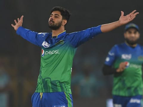 Multan Sultans' Ali Shafiq celebrates after the dismissal of Peshawar Zalmi' Haider Ali (unseen) during the T20 cricket match between Peshawar Zalmi and Multan Sultans at the National Cricket Stadium in Karachi on March 13, 2020.