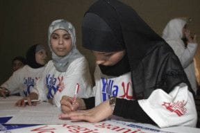 Qataralnada Al-Jebori, a volunteer at a voter rally designed to mobilize Arab Americans to vote in the Michigan caucus