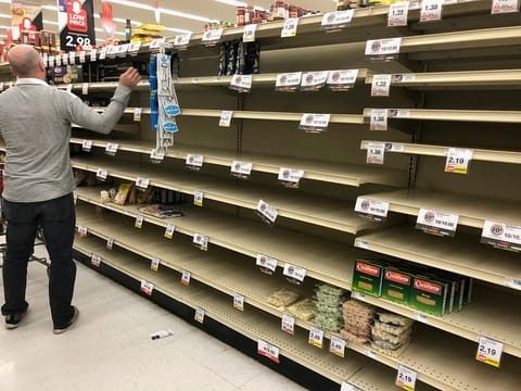 Empty shelves at a Hy-Vee supermarket in Omaha, Nebraska.
