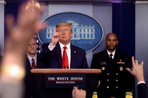 US President Donald Trump takes questions during a press briefing at the White House in Washington, U.S., March 19, 2020.