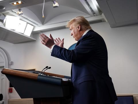 U.S. President Donald Trump addresses the coronavirus task force briefing at the White House