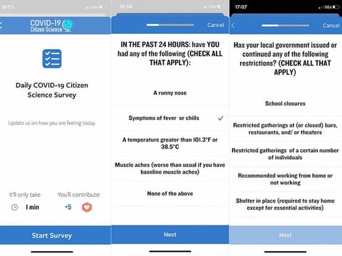 Screen shots of a new app for citizen scientists to help researchers learn more about the coronavirus.