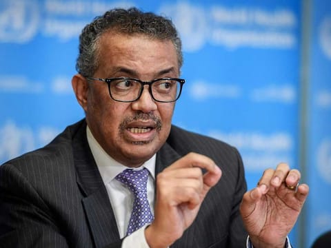 World Health Organization (WHO) Director-General Tedros Adhanom Ghebreyesus speaks during a daily press briefing on COVID-19 virus at the WHO headquaters in Geneva