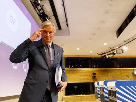 The European Commission's Head of Task Force for Relations with the United Kingdom Michel Barnier gestures after speaking at a media conference at EU headquarters in Brussels on April 24, 2020.