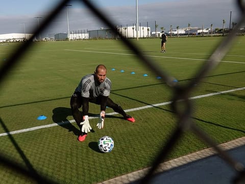 Inter Miami goalkeeper Luis Robles practises at the team's training facility in Fort Lauderdale