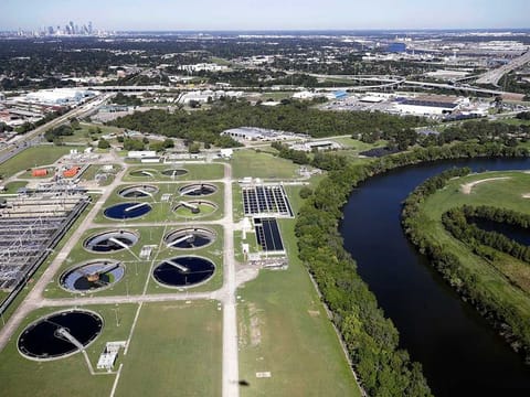 The Sims Bayou South Wastewater Treatment Plant and Sims Bayou river in Houston, Texas, US. City health officials and Rice University scientists have begun testing Houston wastewater samples for COVID-19, a process they hope will reveal the true spread of the new coronavirus as clinical testing continues to lag.