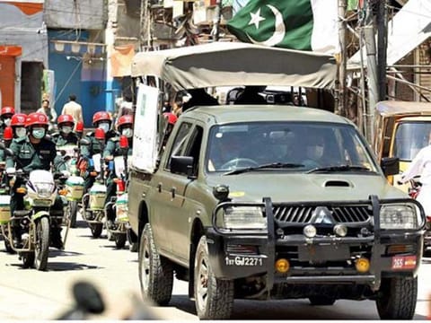 Security officials conducting a flag march on May 15 as Punjab Government ordered to keep the markets closed for three days (Friday, Saturday and Sunday). However, the Supreme Court on Monday has ordered the government to open all the shopping malls seven days a week.