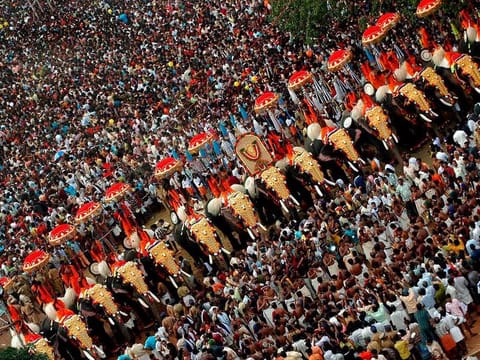 File photo: Volunteers hold colourful umbrellas from atop caparisoned mammoths as they indulge in 'Kodaimattom', during the annual Thrissur Pooram Festival held in Thrissur District in the South India state of Kerala