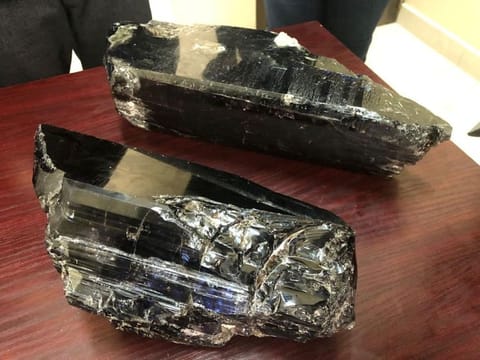 Two tanzanite gemstones ? the largest ever found, according to the mines ministry - are pictured at a ceremony attended by senior government officials in Simanjiro district, northern Tanzania, June 24, 2020.