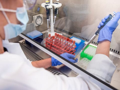Samples from COVID-19 vaccine trials are handled inside the Oxford Vaccine Group laboratory in Oxford.