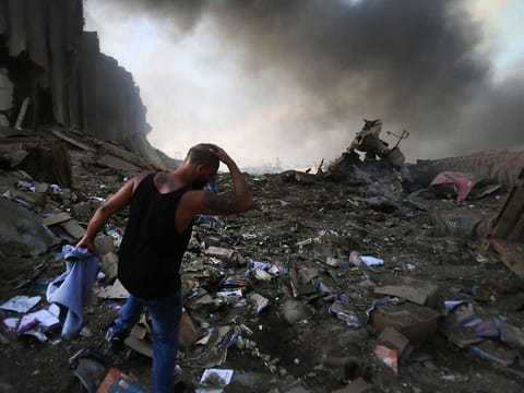At the scene of an explosion at the port in the Lebanese capital Beirut.