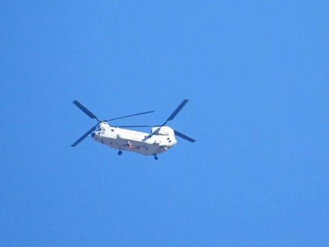 Chinook helicopter of the Indian Air Force is seen flying in Leh on Wednesday.