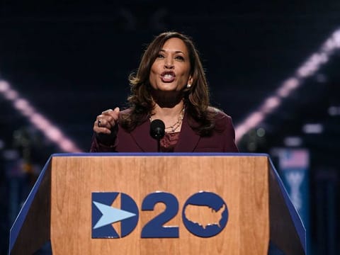 Senator from California and Democratic vice-presidential nominee Kamala Harris speaks during the third day of the Democratic National Convention, being held virtually amid the novel coronavirus pandemic, at the Chase Center in Wilmington, Delaware on August 19, 2020.
