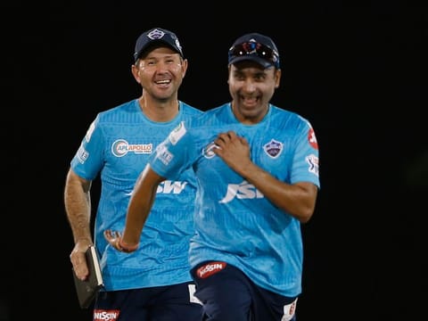 Ricky Ponting, coach of Delhi Capitals, enjoy a lighter moment with veteran legn spinner Amit Mishra at a training session in Dubai during IPL 2020.