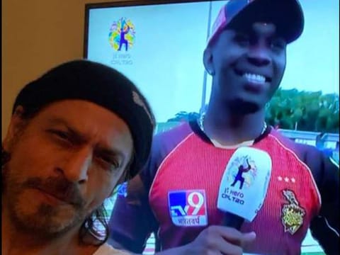 Shah Rukh Khan celebrates in front of his TV as Trinbago Knight Riders, the team co-owned by him in the Knight Riders stable, won their fourth Caribbean Premier League title on Thursday night.