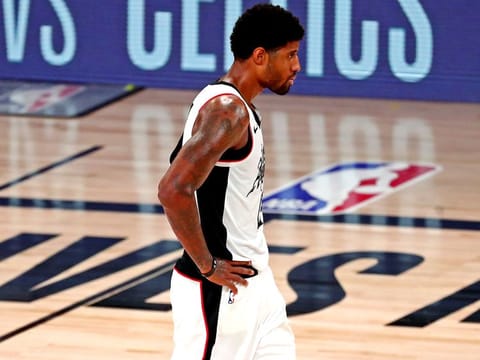 LA Clippers guard Paul George reacts after the loss to Denver Nuggets