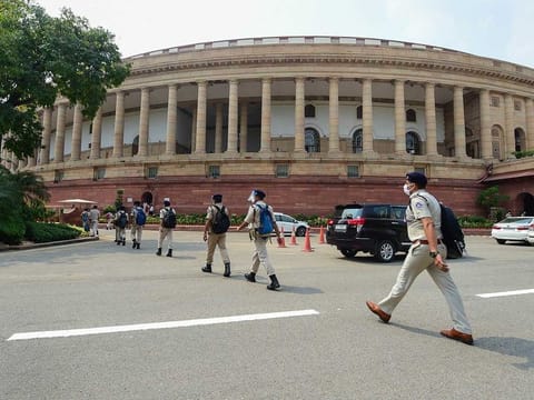 Security personnel at Parliament House on the opening day of Monsoon Session, in New Delhi, Monday, Sept. 14, 2020