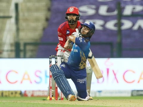 Ishan Kishan of Mumbai Indians hits a six.