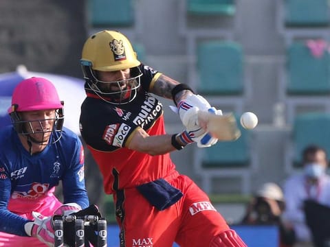 Virat Kohli of Royal Challengers Bangalore plays a pull shot against Rajasthan Royals in Match 15 of IPL 2020 at the Sheikh Zayed Cricket Stadium in Abu Dhabi on October 3, 2020.