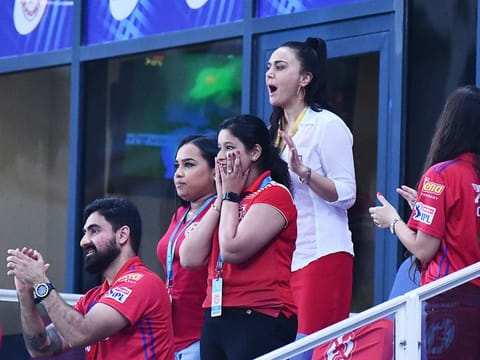 Kings XI Punjab owner Priety Zinta (in white) cheers her team during the match.