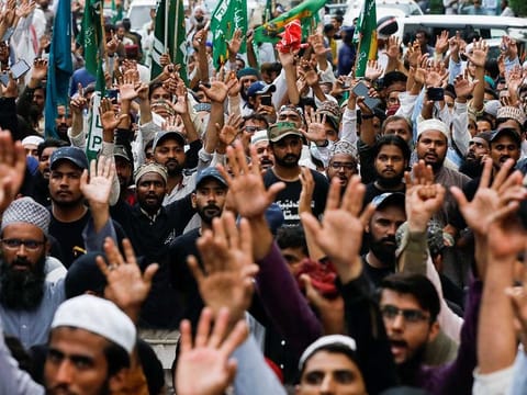 Protesters in Pakistan chant slogans against the satirical French weekly newspaper Charlie Hebdo, during a demonstration in Karachi, Pakistan September 4, 2020.