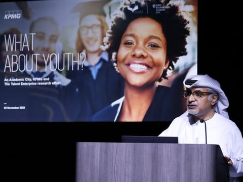 Mohammad Abdullah, Managing Director, Dubai International Academic City, delivers a speech at the ‘What About Youth?’ event on 2nd November, 2020 at the Dubai Knowledge Park. Photo Clint Egbert/Gulf News