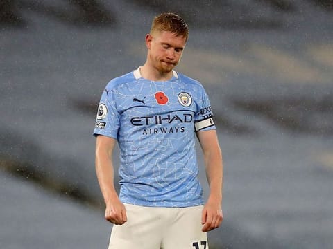 Manchester City's Kevin De Bruyne after missing a crucial penalty against Liverpool.
